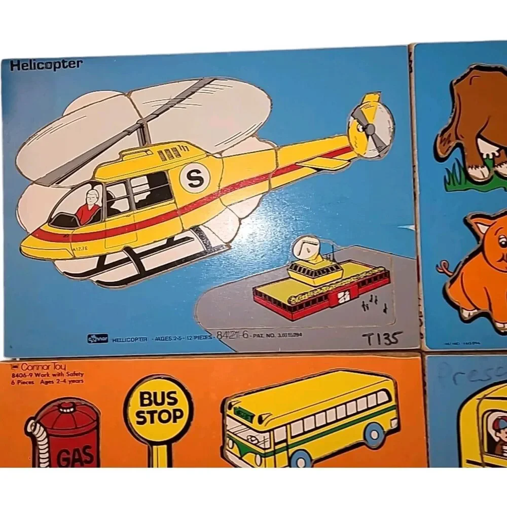 4 Vintage Connor Toy‎ Wooden Board Puzzles Animals Vehicles Bus Helicopter